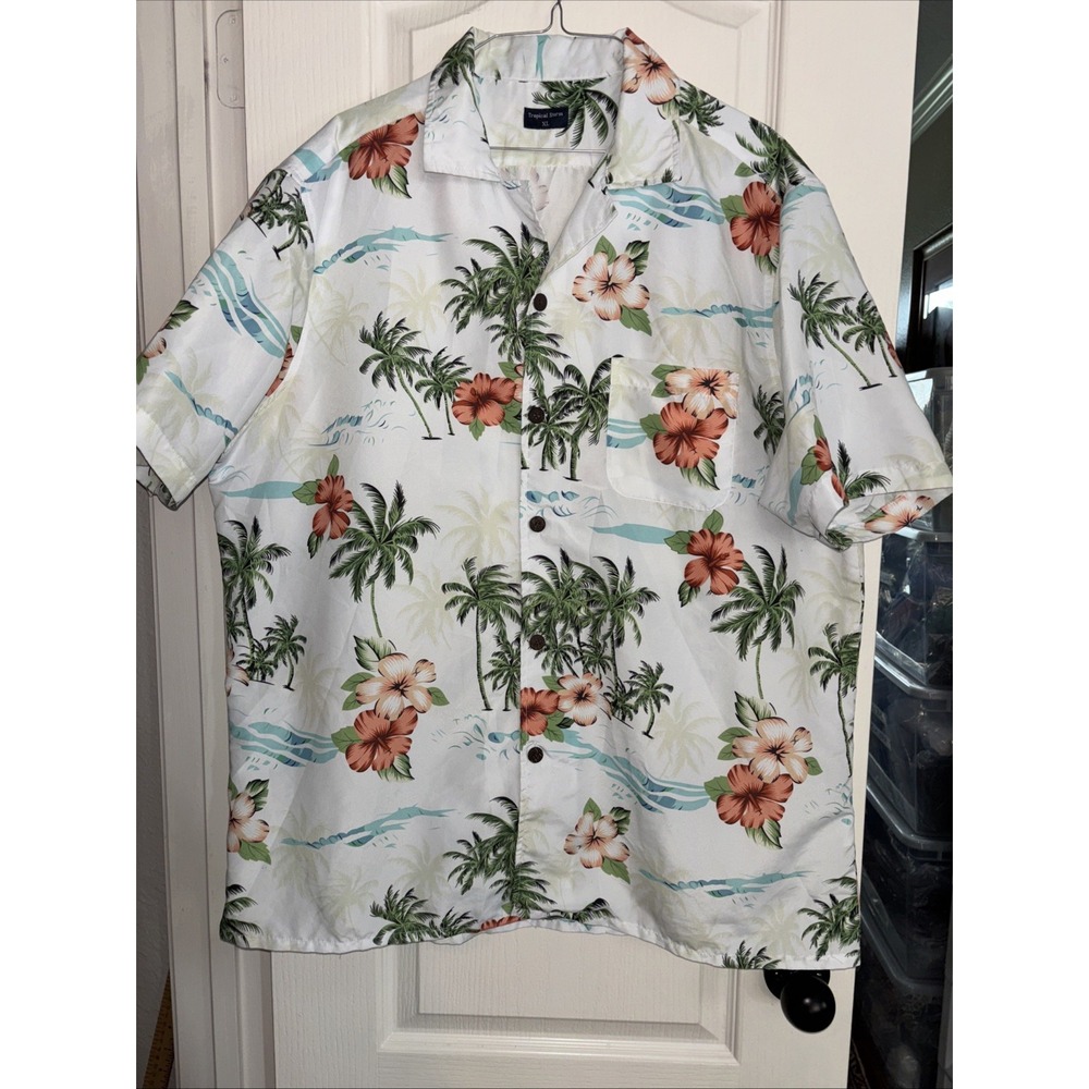 Tropical Storm Mens Palm Trees and Floral Hawaiian‎ Button-Up Shirt XL. 3671